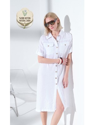 Maule %100 Keten Işlevsel Boydan Düğmeli, Çift Cepli, Dokuma Kadın Gömlek Elbise @sonya