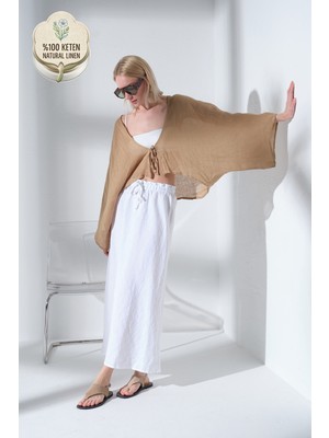 Maule %100 Keten Beli Lastikli ve Bağcıklı Rahat Kalıp Dokuma Kadın Maksi Etek @burgaz