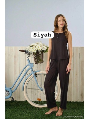 Pijamoni Kadın Dublin Kumaş Ip Askılı Düğmeli Yaka Siyah Pijama Takımı