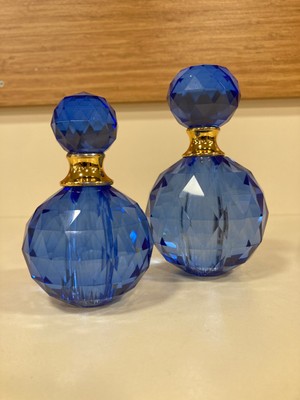 Plus Home Dekoratif Kristal 2'li Şişe Silindir Model Renk Mavi Altın Yükseklik 13 ve 10 cm