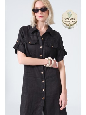 Maule %100 Keten Işlevsel Boydan Düğmeli, Çift Cepli, Dokuma Kadın Gömlek Elbise @sonya