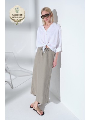 Maule %100 Keten Beli Lastikli ve Bağcıklı Rahat Kalıp Dokuma Kadın Maksi Etek @burgaz