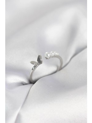 Erdo Ticaret Buğz Incili Kelebek Model Gümüş Renk Pirinç Kadın Yüzük