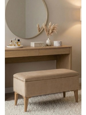 Mefaks Tekstil Sandıklı Bench Puf Kum Beji – Kapaklı Ahşap Ayaklı Fonksiyonel Oturma Pufu, Yatak Ucu & Antre