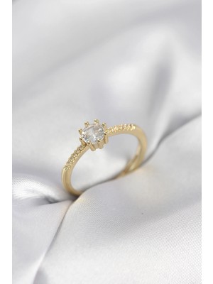 Erdo Ticaret Buğz Tek Taş Model Gold Renk Zirkon Taşlı Kadın Yüzük