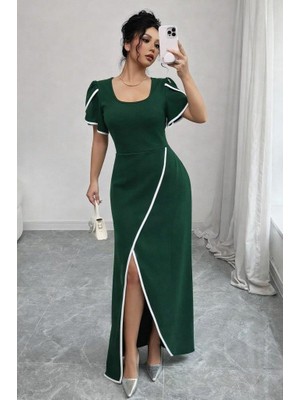 Mareandpanda Kadın Kısa Kollu Kare Yakalı Önden Çapraz Kesim Detaylı Krep Elbise