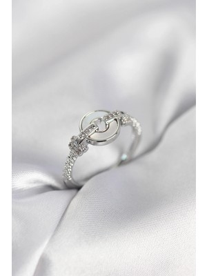 Erdo Ticaret Buğz Gümüş Renk Daire Form Sedef ve Zirkon Taşlı Kadın Yüzük