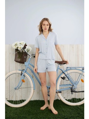 Pijamoni Kadın Dublin Kumaş Rodoplu Gömlek Yaka Mavi Şort Takımı