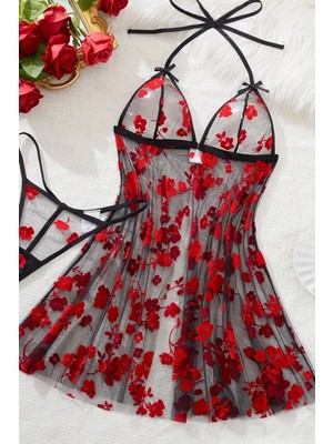 MTM My The Mall Giyim Çiçek Desenli Siyah Transparan Gecelik