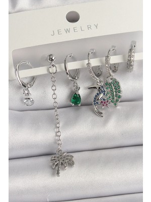 Uslucan Alışveriş Pirinç Gümüş Renk Sallantı Zirkon Taşlı Ağaç Figür Çoklu Kadın Küpe Seti