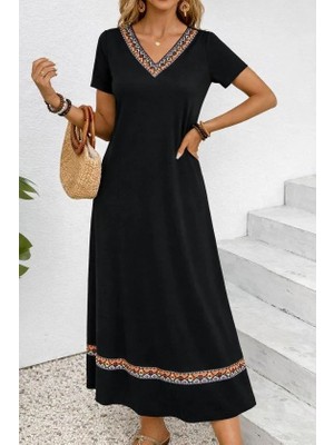 Mareandpanda Kadın Kısa Kollu V Yakalı Etnik Şerit Detaylı Uzun Viskon