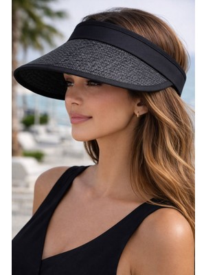 Aydın Şapkacınız Geniş Siperlikli Hasır Görünümlü Ayarlanabilir Kadın Vizör Şapka – Hafif & Şık Yazlık Güneş Şapkası