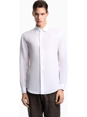 Emporio Armani Erkek Regular Fit %100 Keten Kartal Logolu Uzun Kollu Beyaz Gömlek EM000099 TE10157-U0002