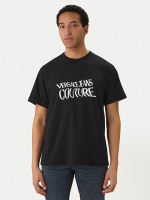 Versace Erkek Regular Fit Logo Desenli Pamuklu Yuvarlak Yakalı Kısa Kollu Siyah T-Shirt 80GAHE04 CJ00E-899