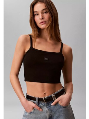 Calvin Klein Kadın Normal Kesim Ip Askılı Ck Logo Etiketli Crop Siyah T-Shirt LV047F221G-UB1