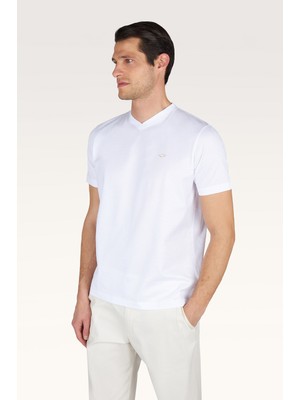 Paul & Shark Erkek Normal Kesim V Yaka %100 Pamuklu Metalik Logo Detaylı Kısa Kollu Beyaz-Altın T-Shirt 26411019-10E