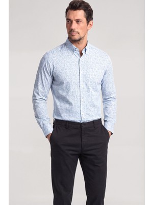 Paul & Shark Erkek Slim Fit Desenli Pamuklu Uzun Kollu Mavi Gömlek 26413272-G60