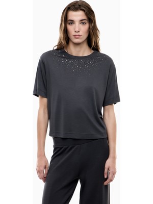 EA7 Kadın Rahat Kalıp Yapay Elmas Taş Detaylı Yuvarlak Yakalı Kısa Kollu Gri T-Shirt 7W001015 AF13919-U8111