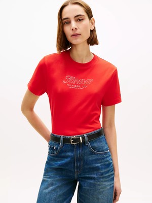 Tommy Hilfiger Kadın Kısa Kol Bisiklet Yaka Rahat Kesim Kırmızı T-Shirt WW0WW48707-SNE