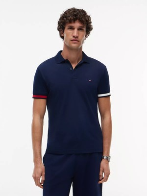 Tommy Hilfiger Erkek Normal Kalıp Logo Bayrak Işlemeli Pamuklu Kısa Kollu Lacivert Polo Yaka T-Shirt MW0MW42743-DCC