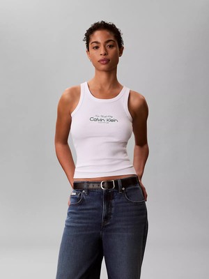 Calvin Klein Kadın Slim Fit Logo Desenli Yuvarlak Yakalı Askılı Beyaz T-Shirt LV047F816G-YAF