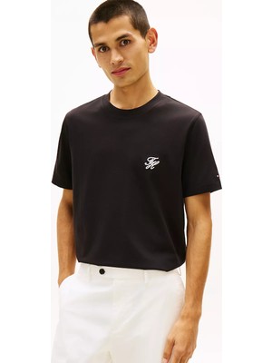 Tommy Hilfiger Erkek Regular Fit Th Logo Işlemeli Pamuklu Kısa Kollu Siyah T-Shirt MW0MW43066-BDS