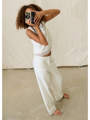 Mayoral Yazlık Kız Çocuk Paça Gipürlü Bol Palazzo Pantolon - Beyaz