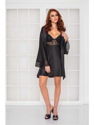 Pierre Cardin Midi Dantel Sabahlık Gecelik Set 4090 Siyah