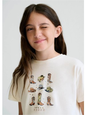 Mayoral Yazlık Kız Çocuk Baskılı Tshirt - Krem