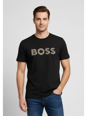 Boss Erkek Logolu Bisiklet Yaka Kısa Kol Standart Siyah T-Shirt 50560466-002