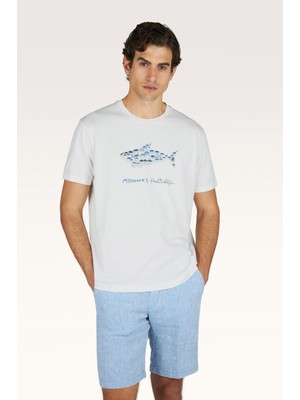 Paul & Shark Erkek Kısa Kol Pamuklu Bisiklet Yaka Balık Desenli Beyaz T-Shirt 26411039-108