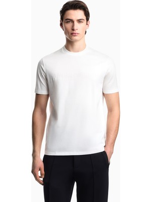 Emporio Armani Erkek Normal Kesim Dokulu Logo Detaylı Yuvarlak Yakalı Pamuklu Kısa Kollu Beyaz T-Shirt EM004593 AF10762-F0201