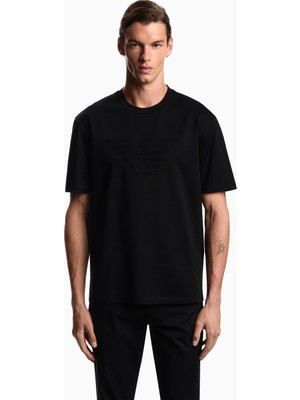 Emporio Armani Erkek Normal Kesim Dokulu Logo Detaylı Yuvarlak Yakalı Pamuklu Kısa Kollu Siyah T-Shirt EM004593 AF10762-FC301