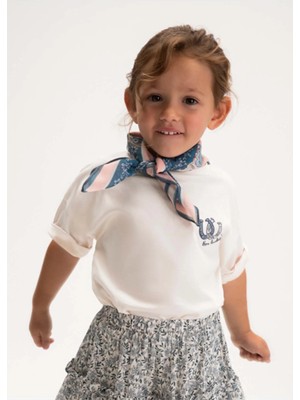 Mayoral Yazlık Kız Çocuk Boyun Fuluarlı Baskılı Tshirt - Krem