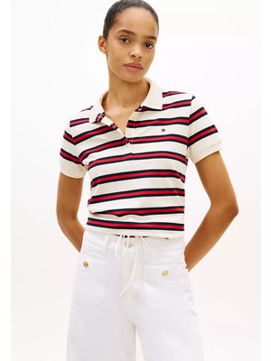 Tommy Hilfiger Kadın Kalın Renk Çizgili Düğme Kapama Belden Kısmı Ip Bağlamalı Beyaz Polo Yaka T-Shirt WW0WW49247-03L