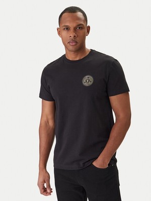Versace Erkek Normal Kalıp Yuvarlak Yakalı Logo Desenli Kısa Kollu Siyah T-Shirt 80GAHT03 CJ00T-G89