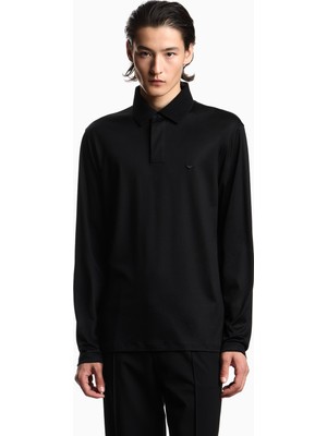 Emporio Armani Erkek Hafif Nefes Alabilen Pamuklu Kumaş Normal Kesim Logo Detaylı Uzun Kollu Siyah Polo Yaka T-Shirt EM004590 AF10017-UC001