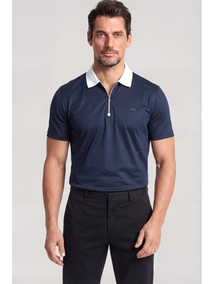 Paul & Shark Erkek Normal Kalıp Yarım Fermuarlı Metalik Logo Detaylı Pamuklu Kısa Kollu Lacivert Polo Yaka T-Shirt 26411247SM-013