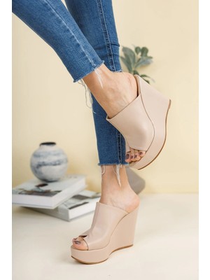 Ayakkabı Ateşi Kadın Terlik Dolgu Topuklu Suni Deri Nude Cilt Tabanı Jurdan