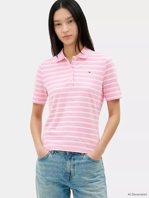 Tommy Hilfiger Kadın Çizgili Polo Yaka Düğme Kapama Regular Kesim Pembe Polo Yaka T-Shirt WW0WW43224-0EB