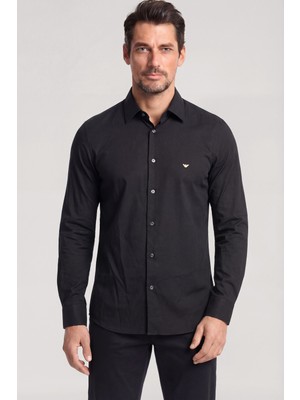 Emporio Armani Erkek Regular Fit Kartal Plaka Logolu Uzun Kollu Siyah Gömlek EM001537 AF13285-UC001