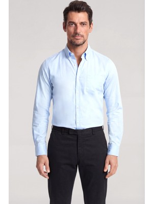 Paul & Shark Erkek Slim Fit Pamuklu Cep Detaylı Uzun Kollu Mavi Gömlek 26413184-363