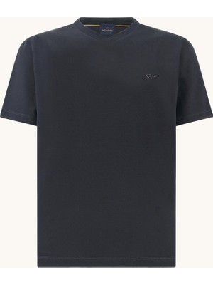 Paul & Shark Erkek Normal Kesim V Yaka %100 Pamuklu Metalik Logo Detaylı Kısa Kollu Lacivert-Gold T-Shirt 26411019-50E