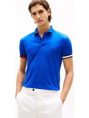 Tommy Hilfiger Erkek Normal Kalıp Logo Bayrak Işlemeli Pamuklu Kısa Kollu Mavi Polo Yaka T-Shirt MW0MW42743-C7F