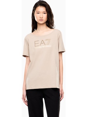 EA7 Kadın Göğüste Taş Detaylı Logo Desenli Pamuklu Yuvarlak Yakalı Kısa Kollu Bej T-Shirt 7W001098 AF14880-U6225