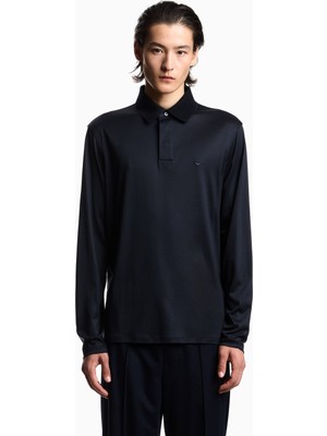 Emporio Armani Erkek Hafif Nefes Alabilen Pamuklu Kumaş Normal Kesim Logo Detaylı Uzun Kollu Lacivert Polo Yaka T-Shirt EM004590 AF10017-UB118