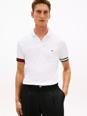 Tommy Hilfiger Erkek Normal Kalıp Logo Bayrak Işlemeli Pamuklu Kısa Kollu Beyaz Polo Yaka T-Shirt MW0MW42743-YBR