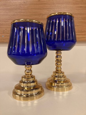 Plus Home Mumluk 2'li Kesme Cam ve Pirinç Renk Mavi Altın Yükseklik 20 ve 16 cm