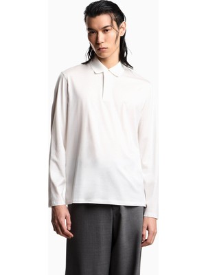Emporio Armani Erkek Hafif Nefes Alabilen Pamuklu Kumaş Normal Kesim Logo Detaylı Uzun Kollu Beyaz Polo Yaka T-Shirt EM004590 AF10017-U0003