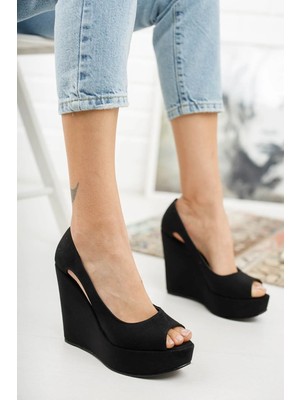 Ayakkabı Ateşi Kadın Dolgu Topuklu Ayakkabı Siyah Süet Suni Deri Tabanlı